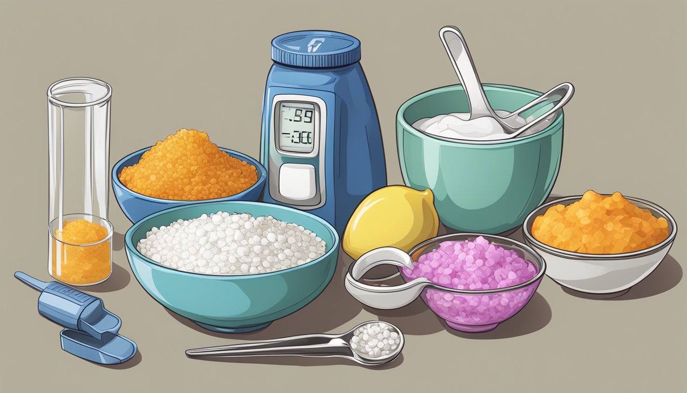 A table with measuring spoons, ingredients, and a mixing bowl for diabetic icing