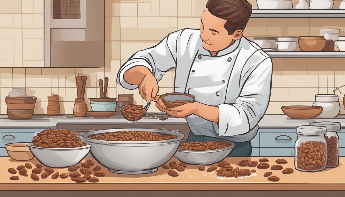 A chef carefully measures and mixes pecans, sweetener, and spices in a bowl, creating a delicious and nutritious filling for a diabetic-friendly pecan pie