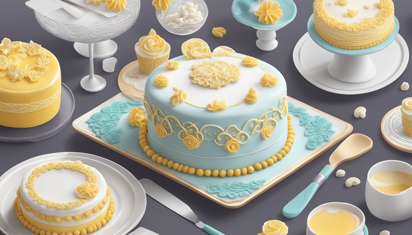 A piping bag squeezes white icing onto a cake, creating intricate designs and patterns. A platter of beautifully decorated diabetic-friendly treats sits nearby