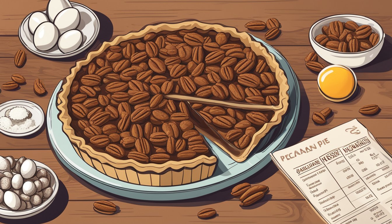 A pecan pie sits on a table surrounded by ingredients like pecans, eggs, and sugar. A nutrition label and analysis chart are displayed next to it