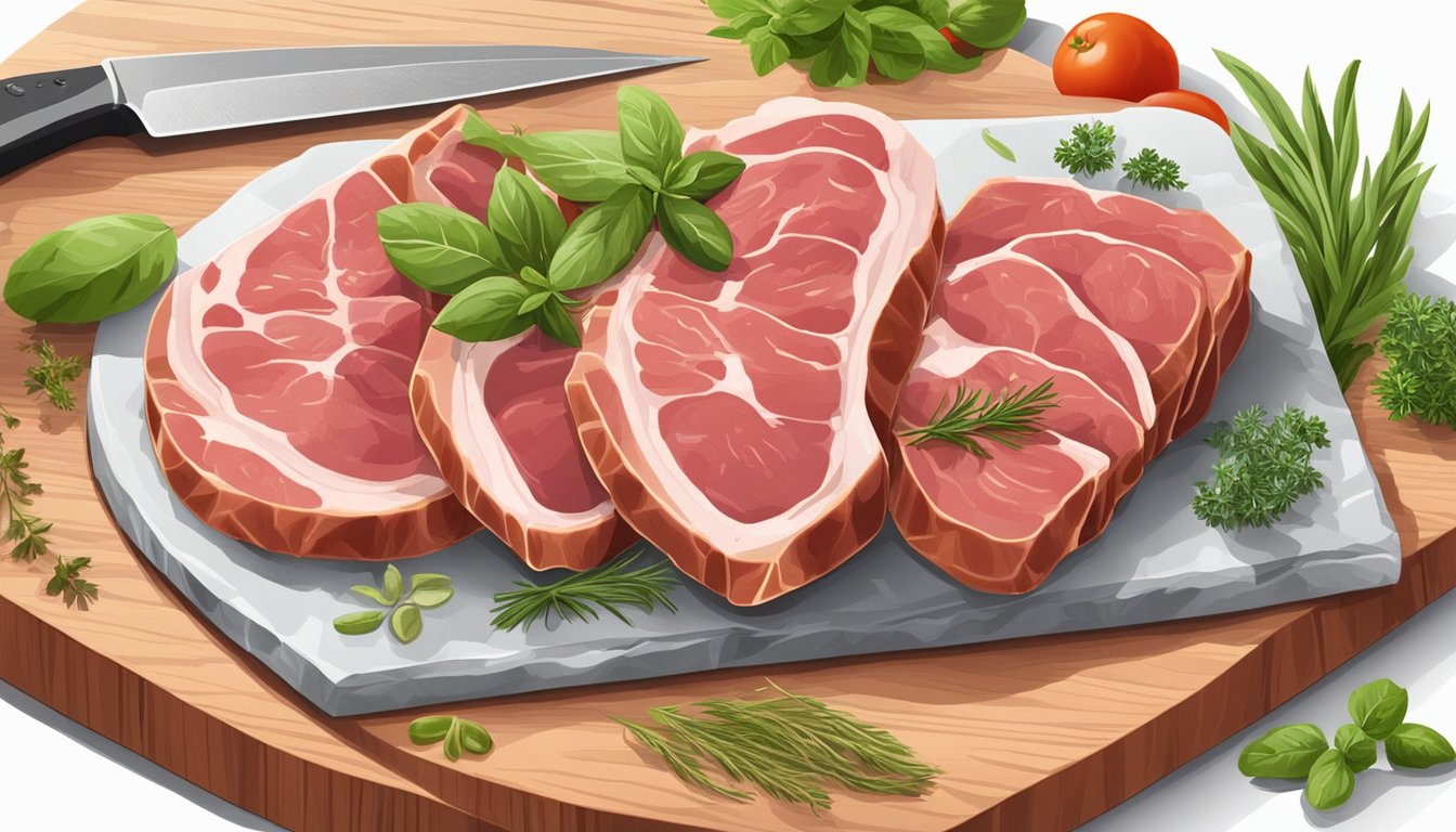 A variety of lean meats and fresh herbs arranged on a cutting board