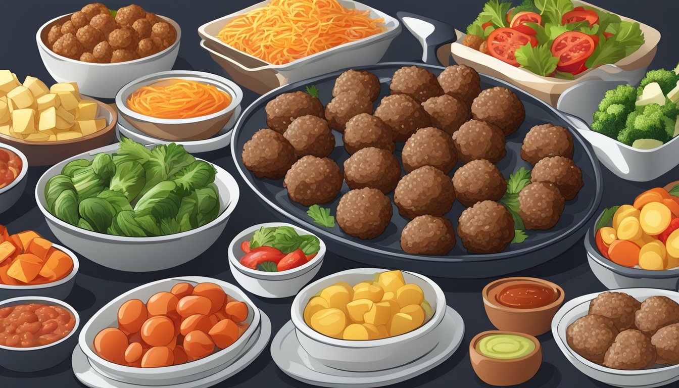 A platter of diabetic meatballs surrounded by colorful vegetables and a variety of low-carb side dishes