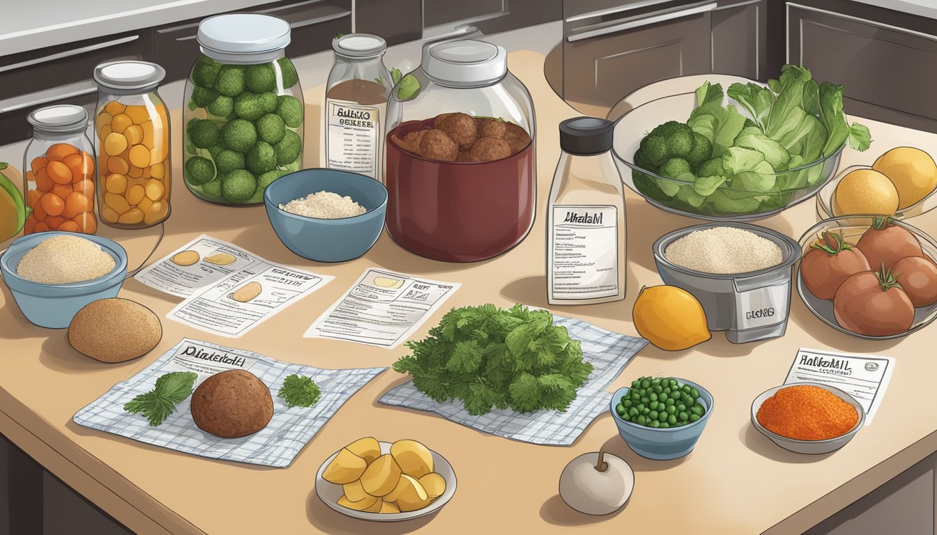 A kitchen counter with ingredients and nutritional labels for a diabetic meatball recipe