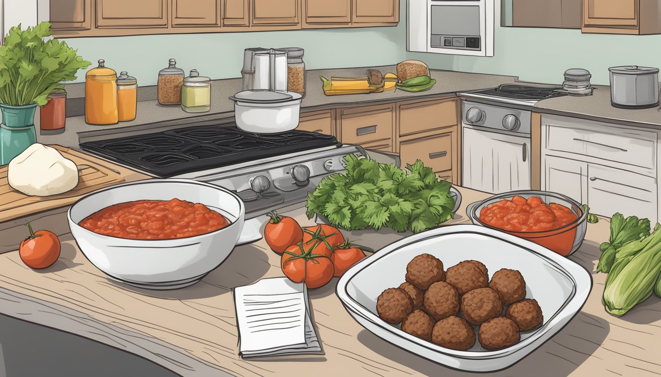 A kitchen counter with a handwritten recipe for diabetic meatballs, surrounded by fresh ingredients like lean ground beef, almond flour, and sugar-free marinara sauce