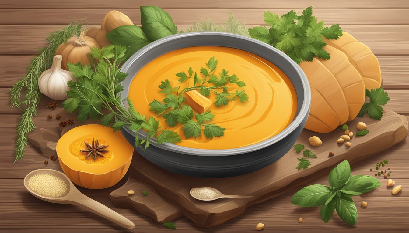 A steaming bowl of butternut squash soup surrounded by fresh herbs and spices on a rustic wooden table