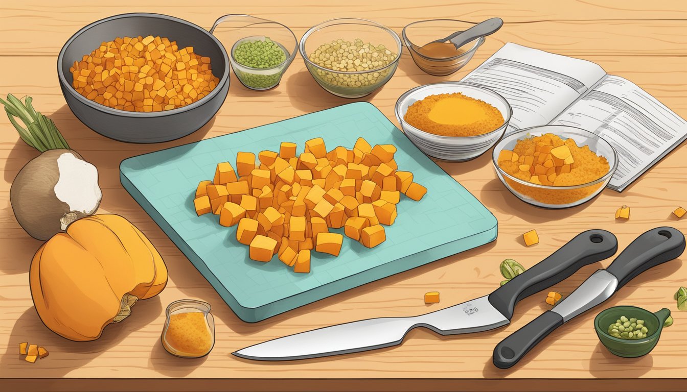 A cutting board with diced butternut squash, measuring cups of ingredients, and a recipe book open to a diabetic meal planning section