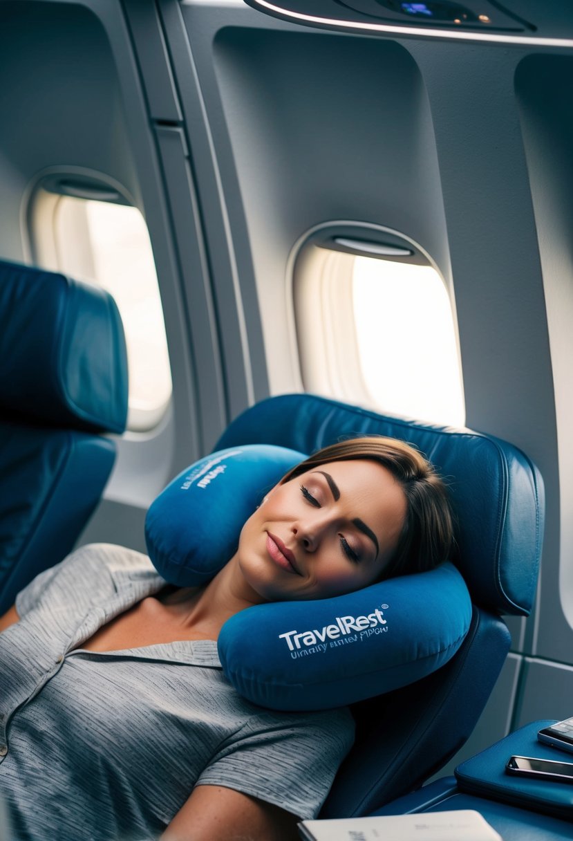 A woman relaxes in a window seat, using the Travelrest Ultimate Travel Pillow. The airplane cabin is dimly lit, and she is surrounded by other travel essentials