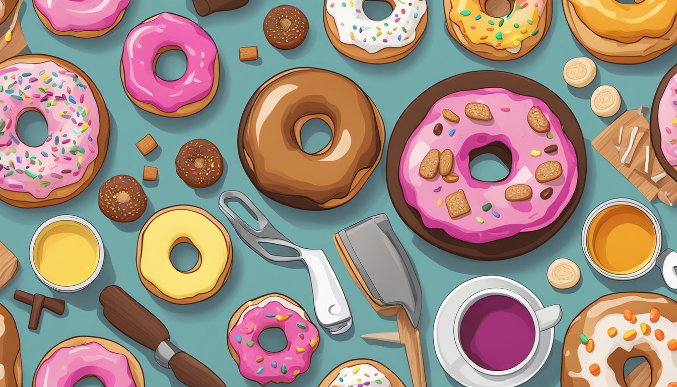 A table filled with ingredients and tools for baking, surrounded by different flavored diabetic donuts