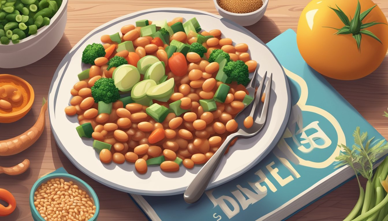 A plate of baked beans, accompanied by a colorful assortment of fresh vegetables and whole grains, sits on a table next to a diabetes education book