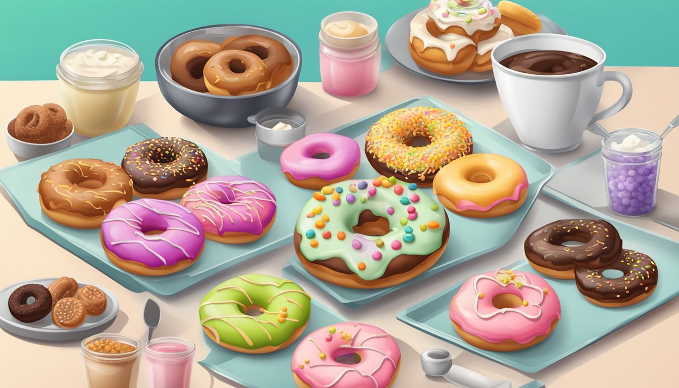 A table with various toppings and decorating tools for diabetic donuts