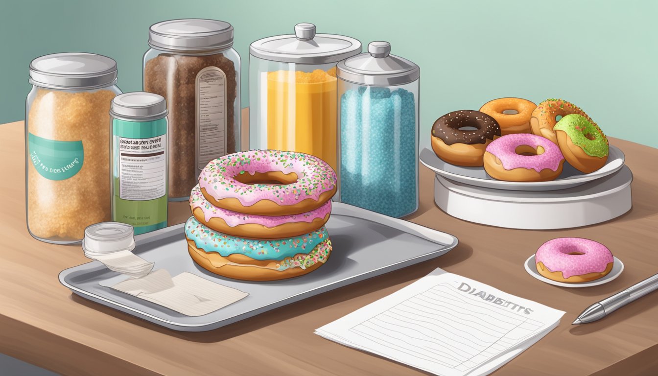 A countertop with a stack of diabetic donuts in an airtight container, surrounded by sugar-free ingredients and a note with storage instructions