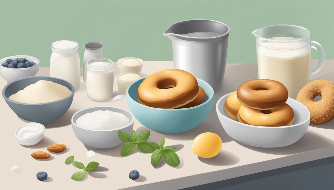 A table with ingredients: almond flour, stevia, eggs, and Greek yogurt. A mixing bowl, measuring cups, and a donut pan on the counter