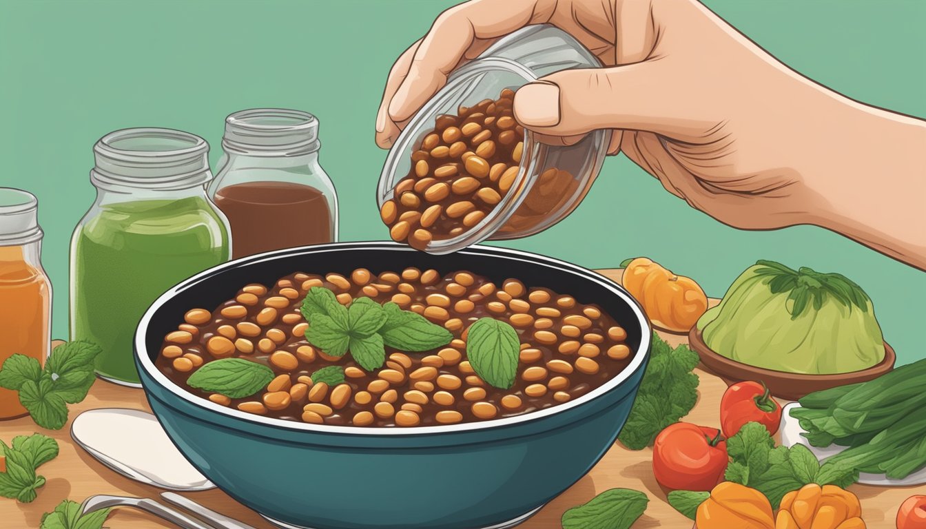 A person substituting sugar with stevia and adding vegetables to a pot of baked beans