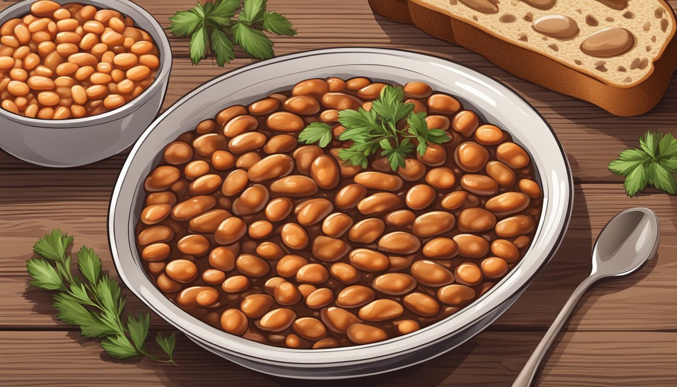 A bowl of baked beans garnished with fresh herbs and served on a rustic wooden table with a side of whole grain bread