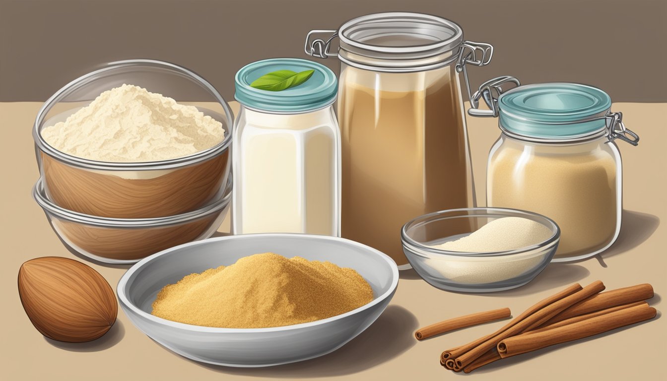 A table with neatly arranged ingredients: almond flour, cinnamon, stevia, eggs, cream cheese, and baking powder