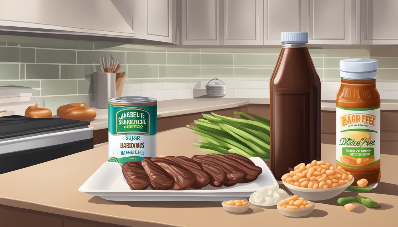 A kitchen counter with a can of low-sodium beans, a bowl of diced onions, and a bottle of sugar-free barbecue sauce