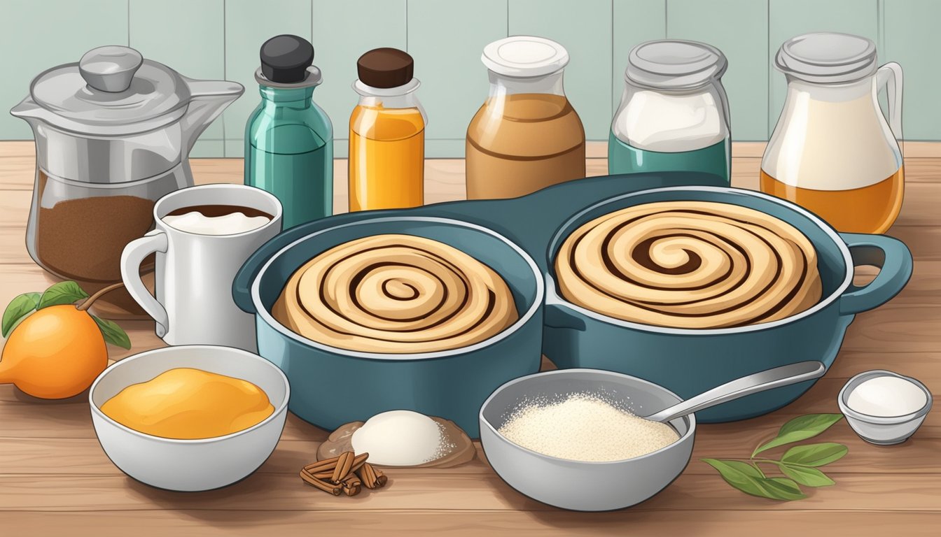 A kitchen counter with ingredients and utensils for making diabetic cinnamon rolls