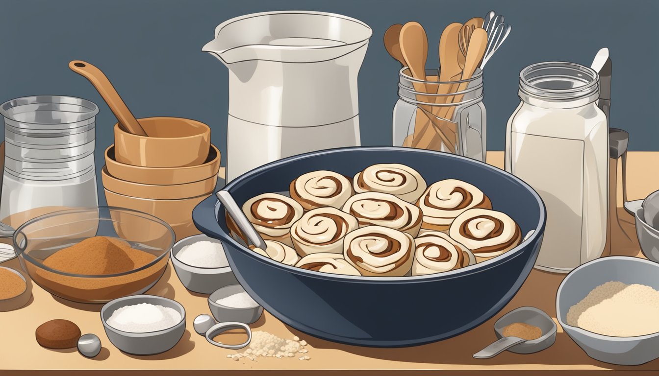 A mixing bowl filled with ingredients for diabetic cinnamon rolls, surrounded by measuring cups and spoons on a kitchen counter