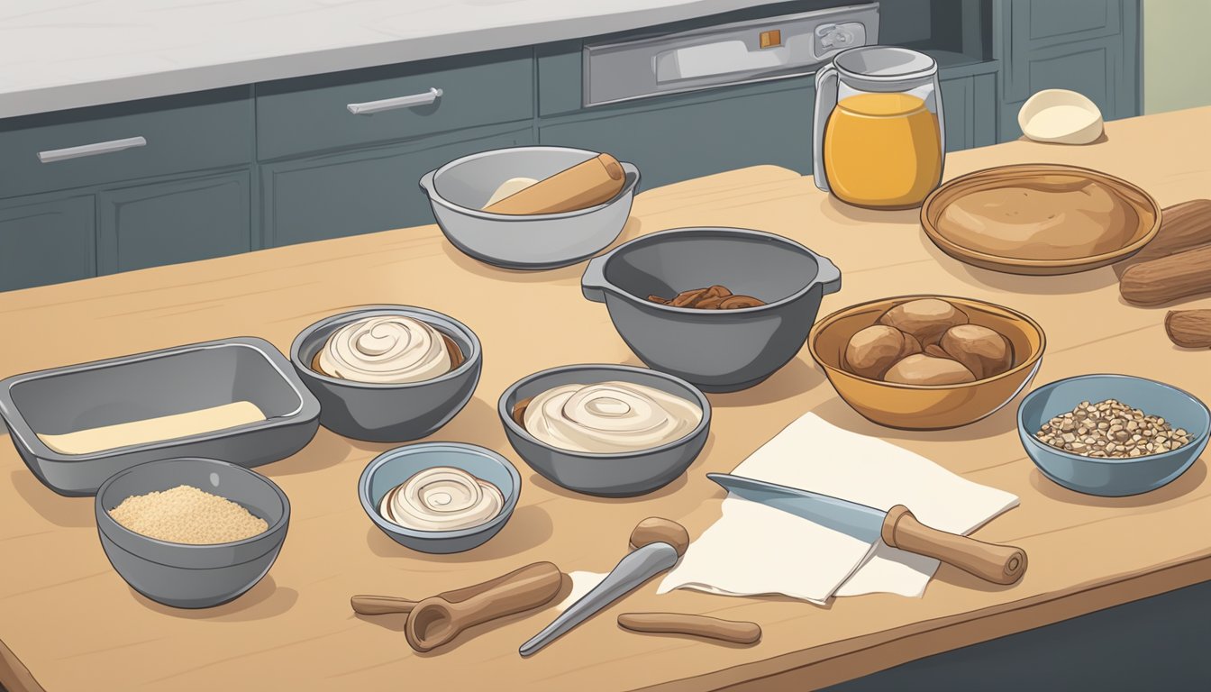 A kitchen counter with ingredients, mixing bowls, and a rolling pin for diabetic cinnamon rolls