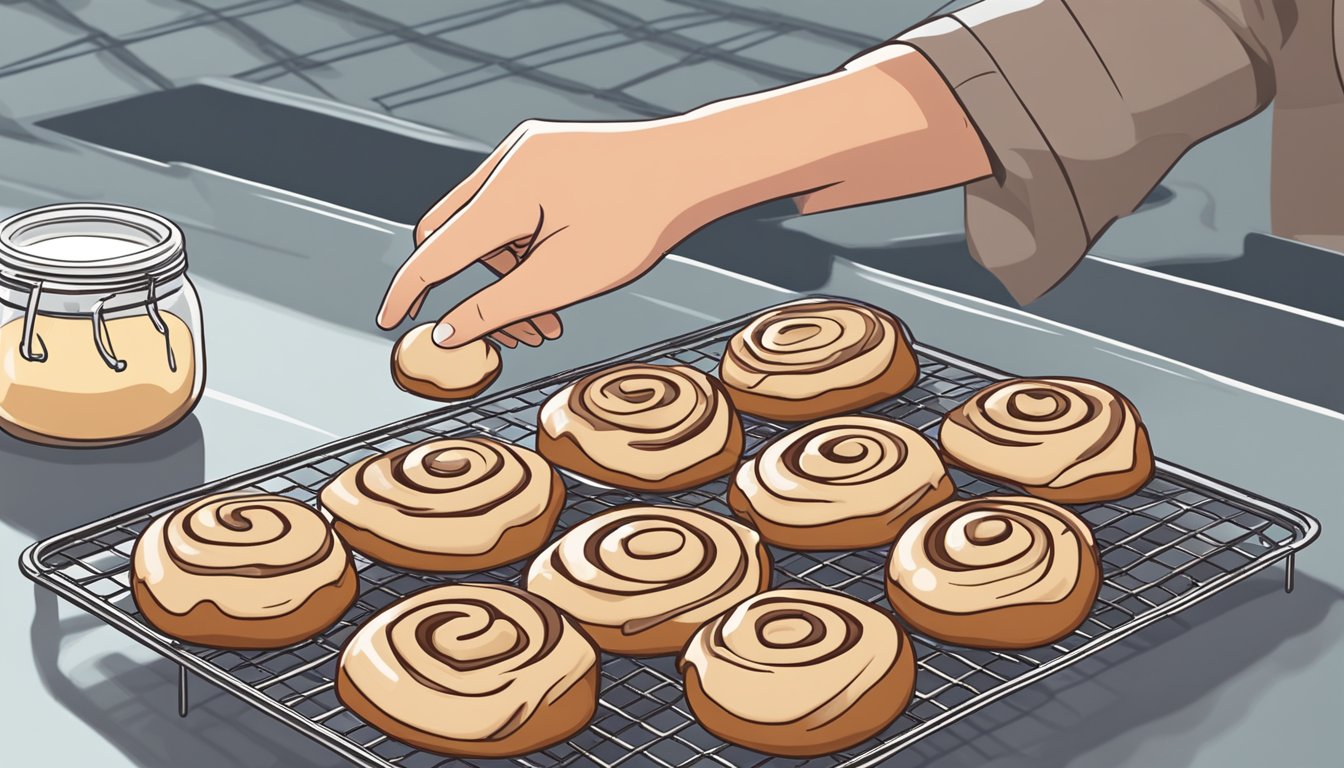 A hand placing freshly baked diabetic cinnamon rolls onto a cooling rack, with a jar of sugar-free icing and a container for storage nearby