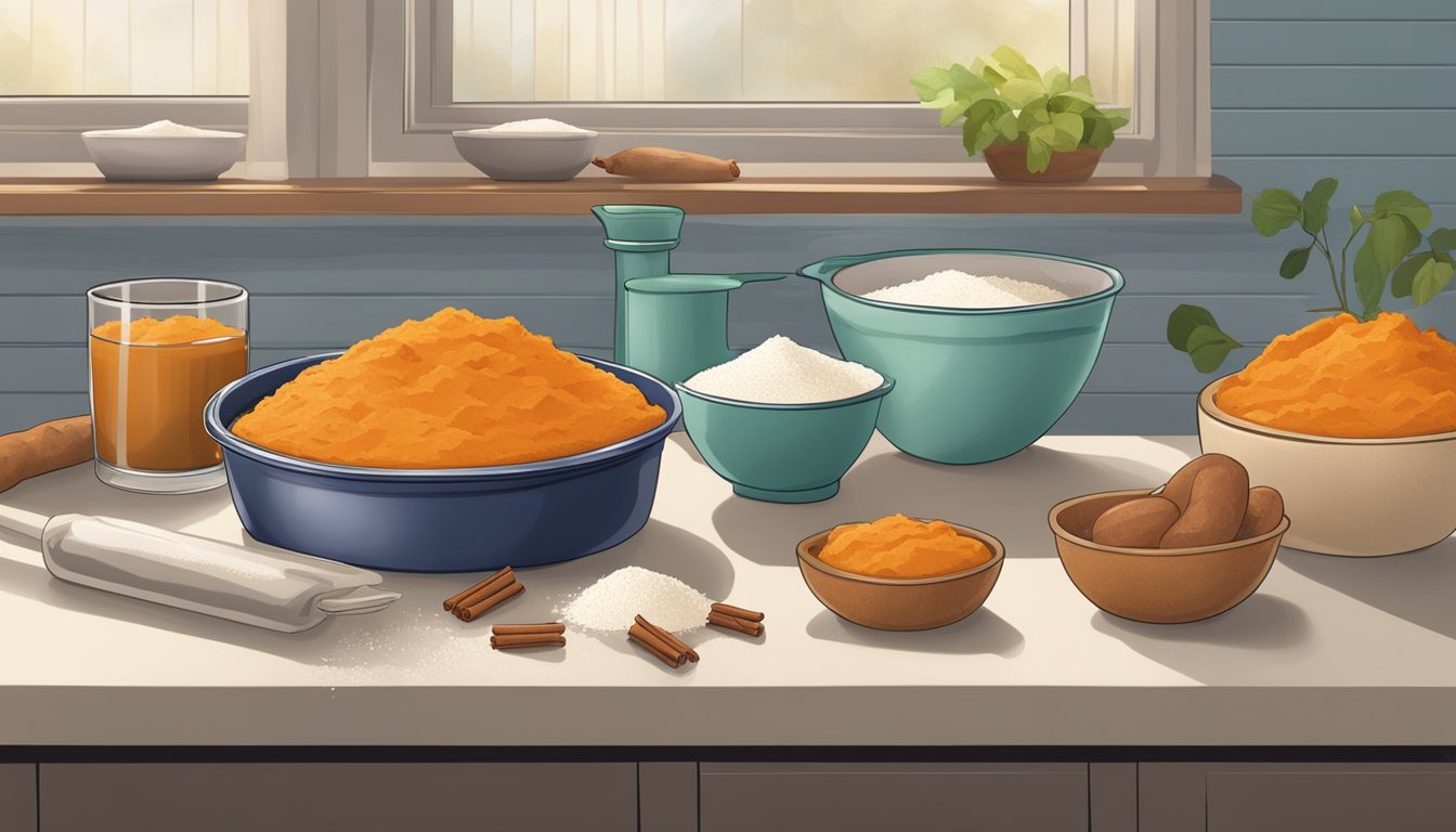 A kitchen counter with ingredients for sweet potato pie, including sweet potatoes, cinnamon, and a measuring cup of sugar