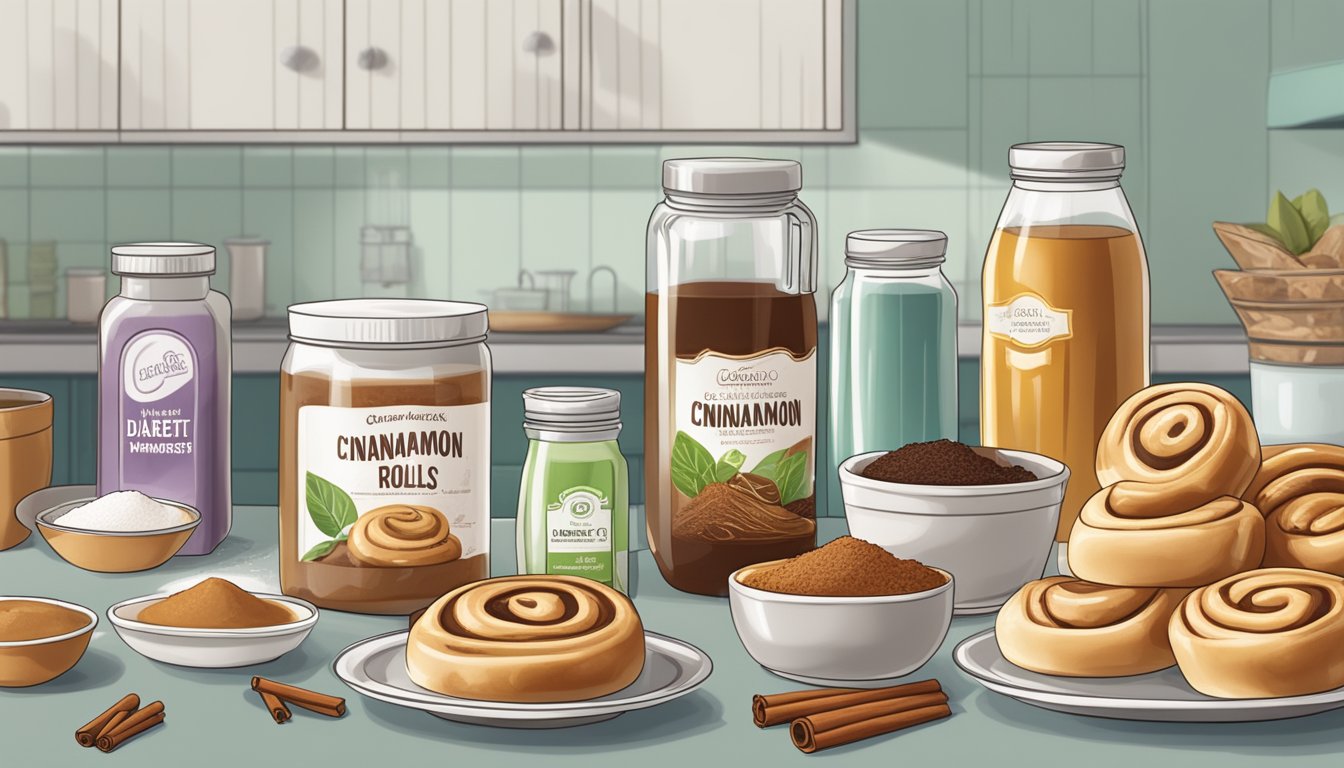 A kitchen counter with ingredients for diabetic cinnamon rolls and alternative sweeteners