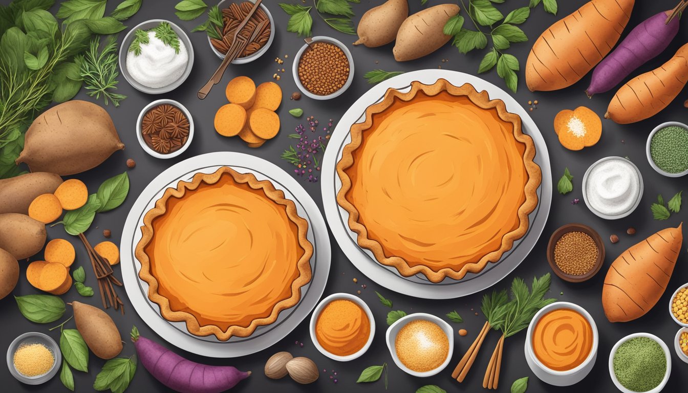 A sweet potato pie being prepared with diabetic-friendly ingredients, surrounded by fresh sweet potatoes and a variety of colorful spices and herbs