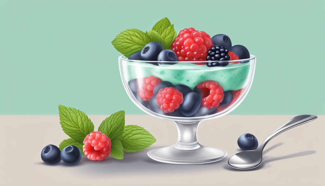 A glass bowl filled with sugar-free mousse topped with fresh berries and a sprig of mint, next to a spoon and a napkin