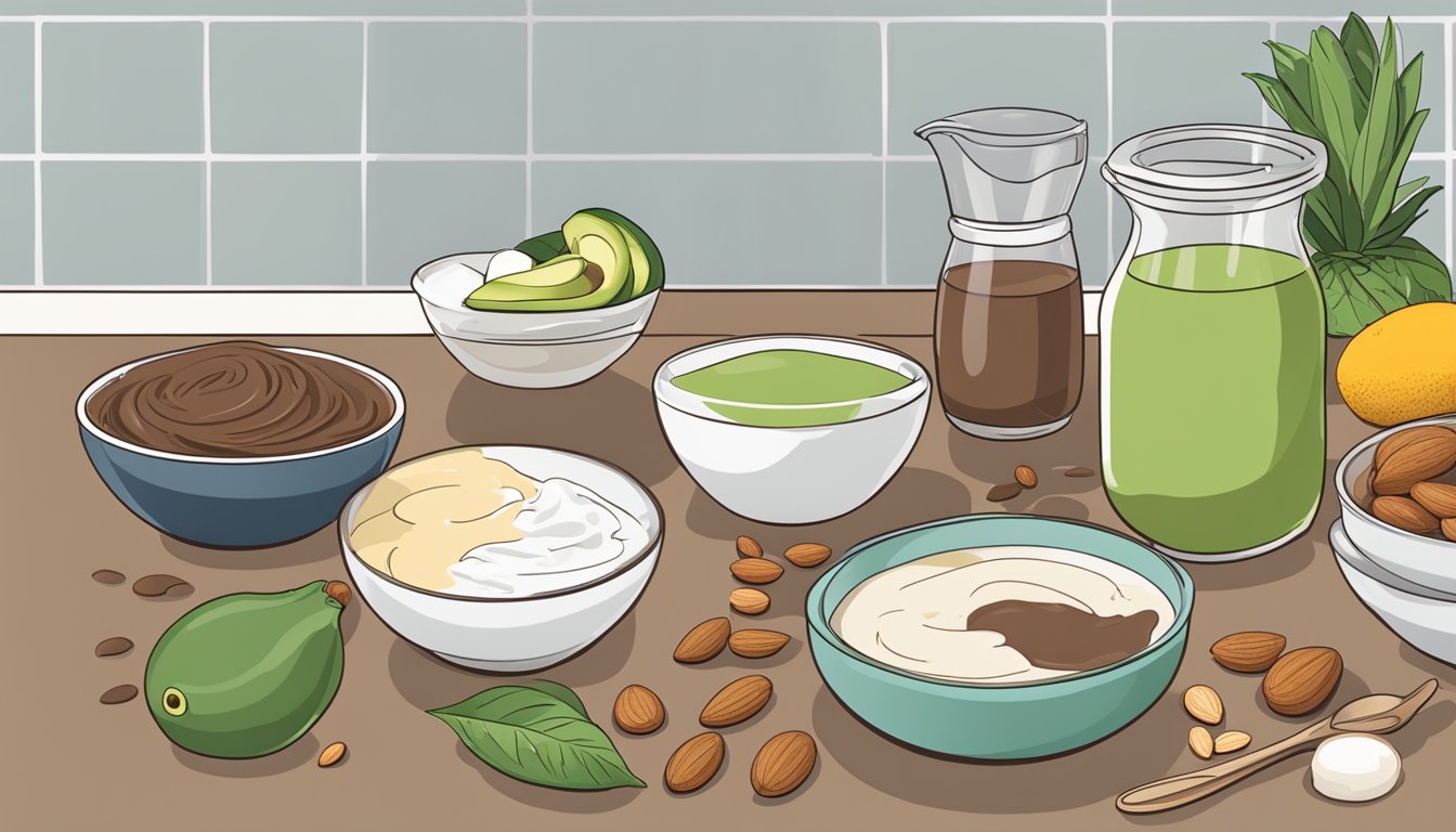 A kitchen counter with ingredients for diabetic mousse: cocoa powder, almond milk, stevia, and avocado. Mixing bowls and utensils are scattered around