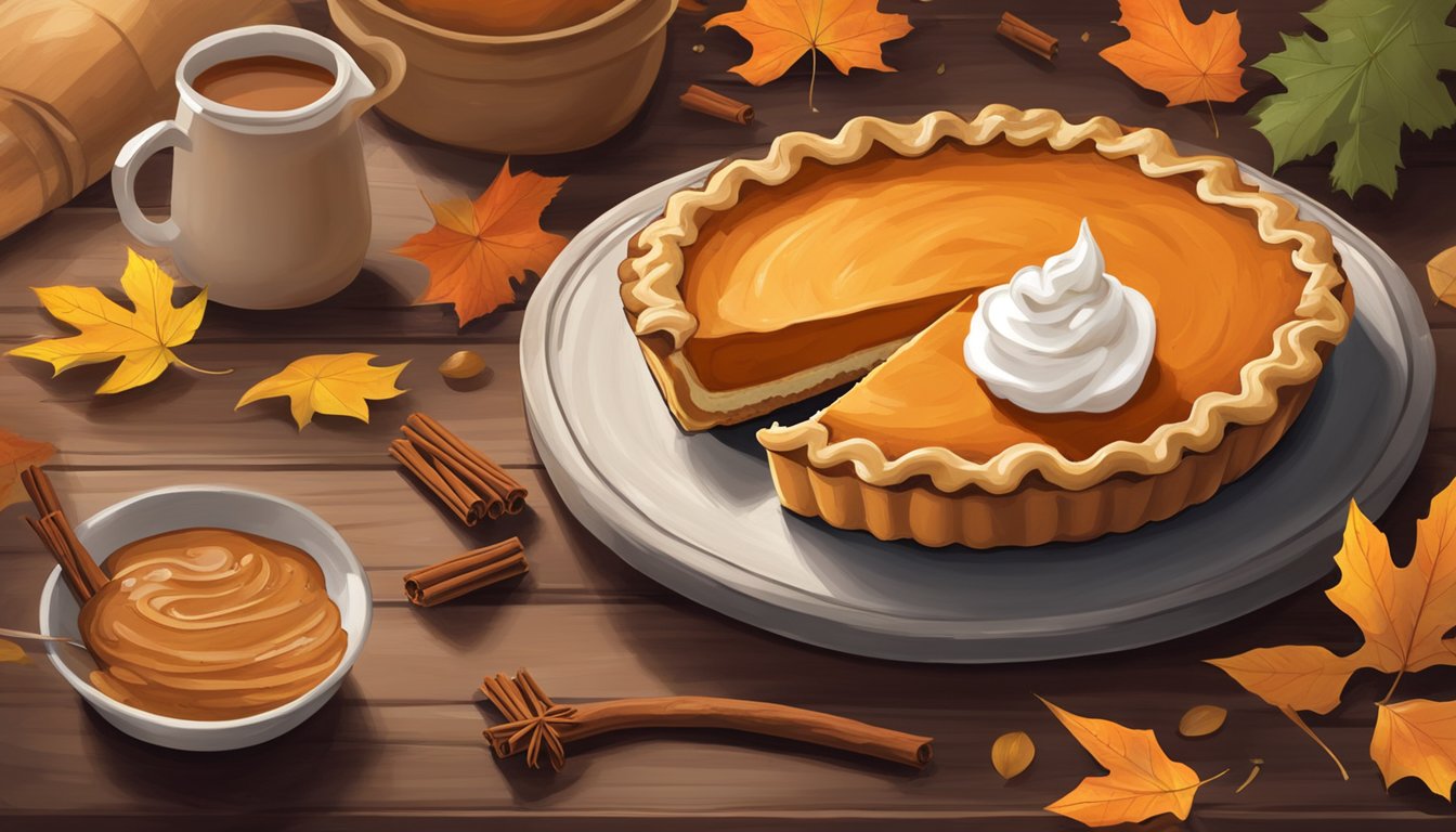 A sweet potato pie sits on a rustic wooden table, topped with a dollop of whipped cream and a sprinkle of cinnamon, surrounded by fall leaves and a cinnamon stick