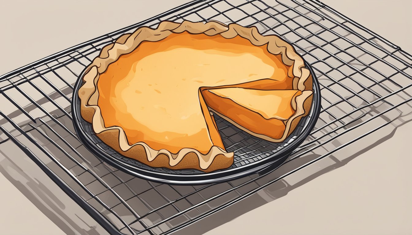 A freshly baked sweet potato pie cooling on a wire rack, with a slice being placed in an airtight container for storage