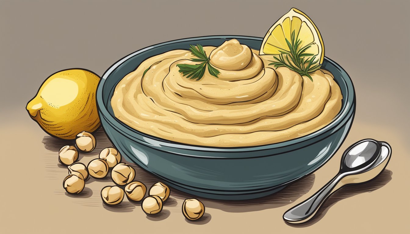 A bowl of hummus surrounded by ingredients like chickpeas, olive oil, garlic, and lemon. A spoon sits next to the bowl