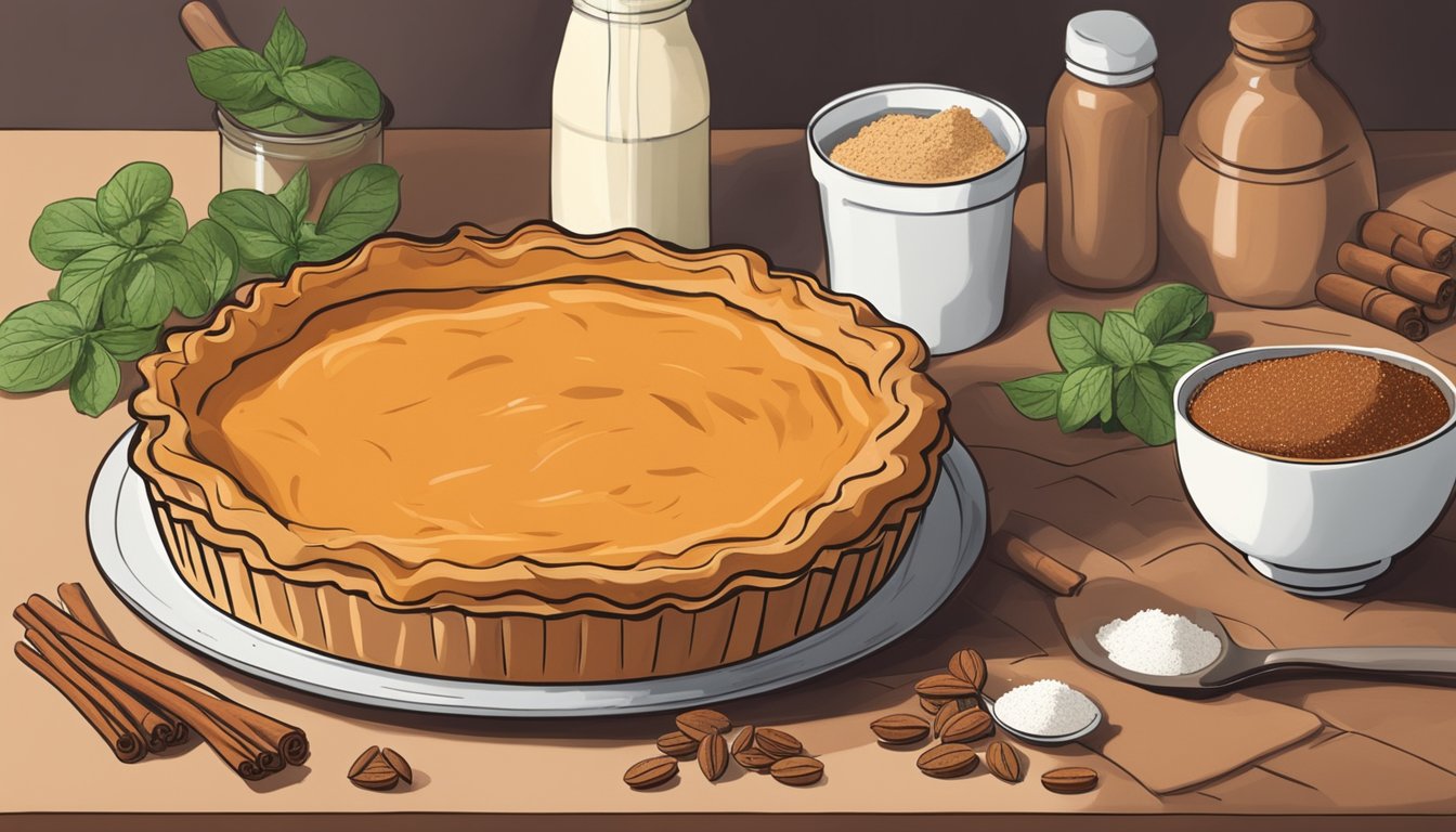 A freshly baked sweet potato pie cooling on a kitchen counter, surrounded by ingredients like cinnamon, nutmeg, and stevia