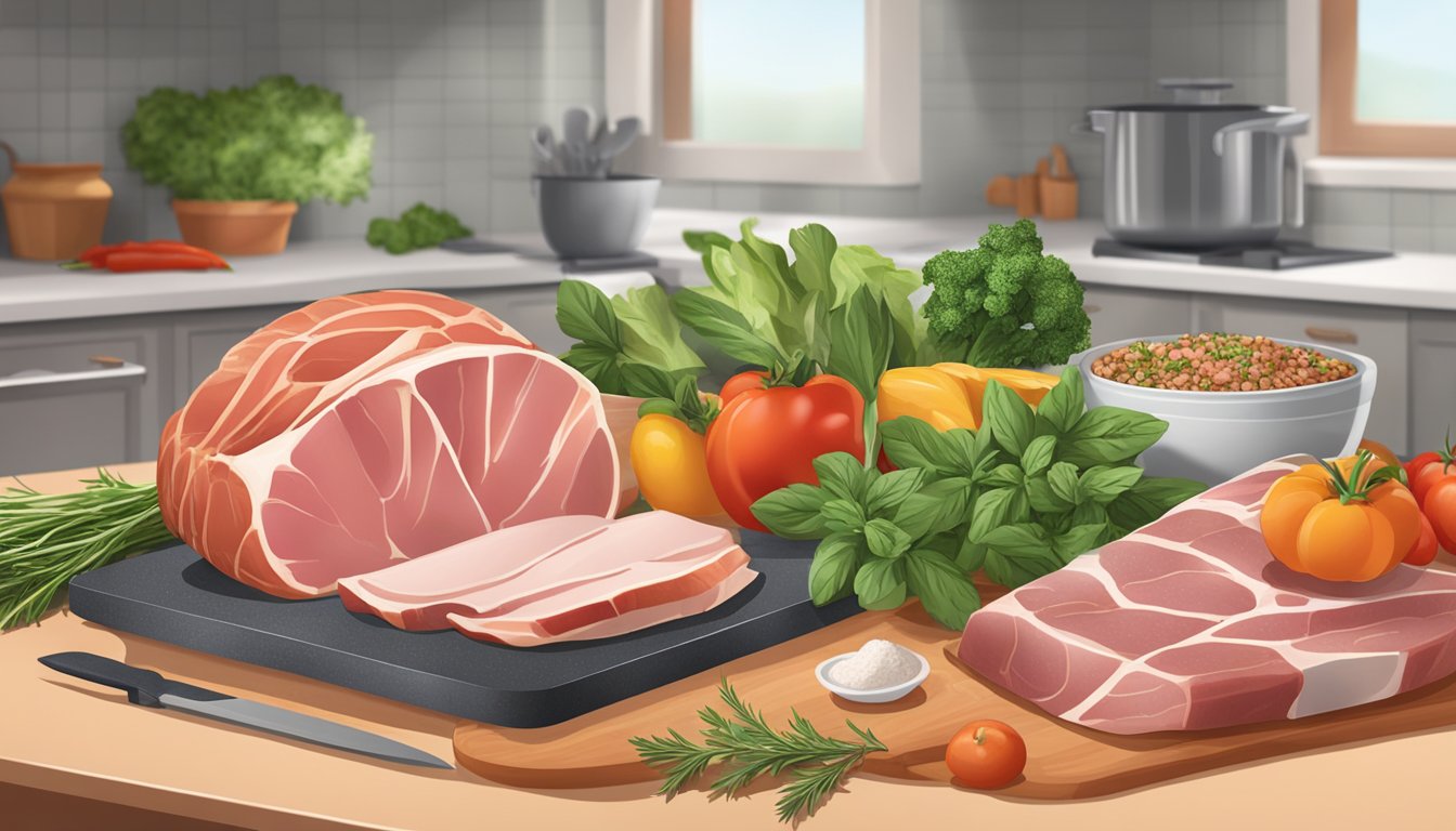 A kitchen counter with ingredients for a diabetic-friendly ham recipe, including fresh herbs, vegetables, and lean cuts of meat