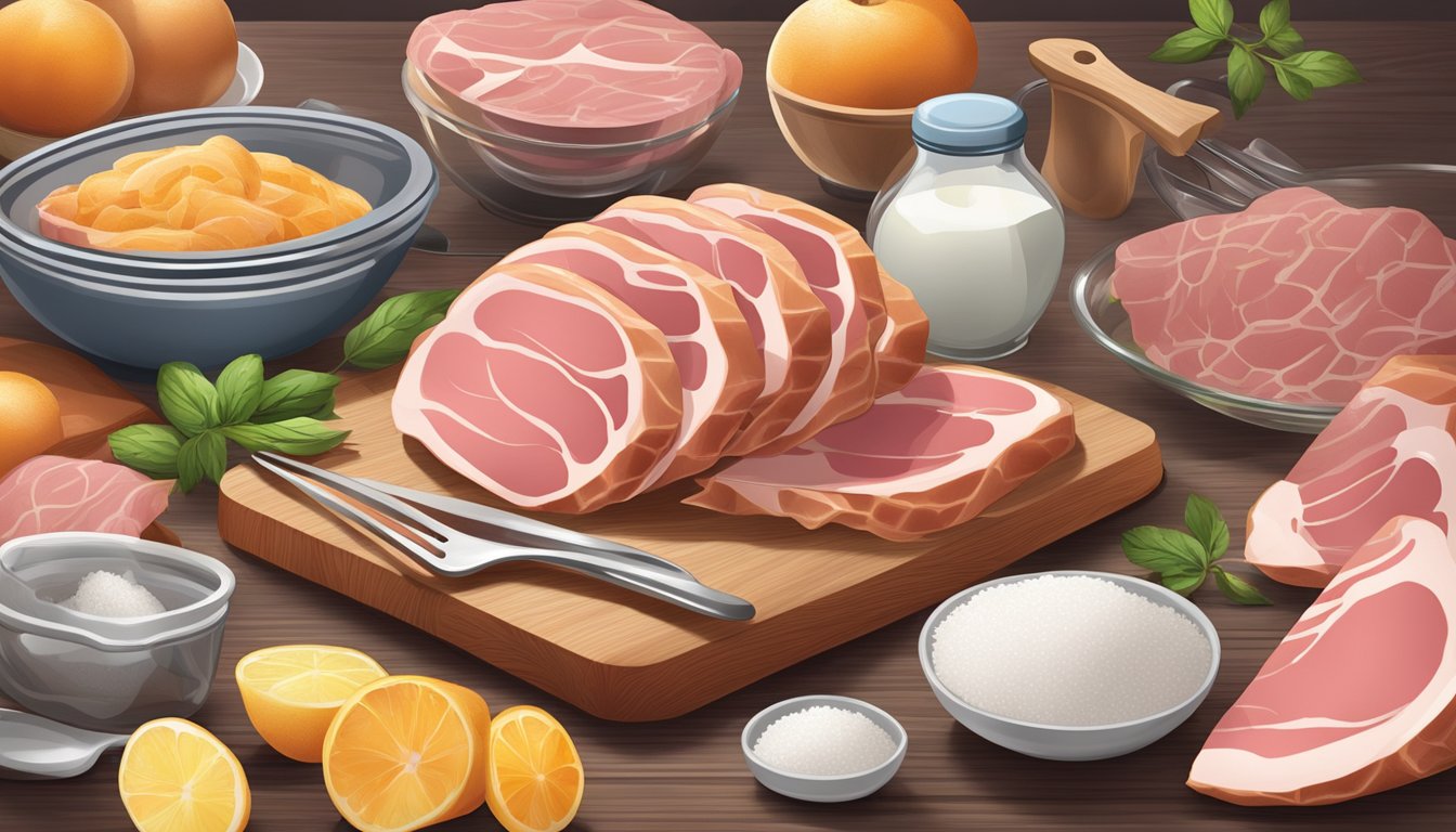 A cutting board with sliced ham, measuring spoons, and a bowl of sugar substitute