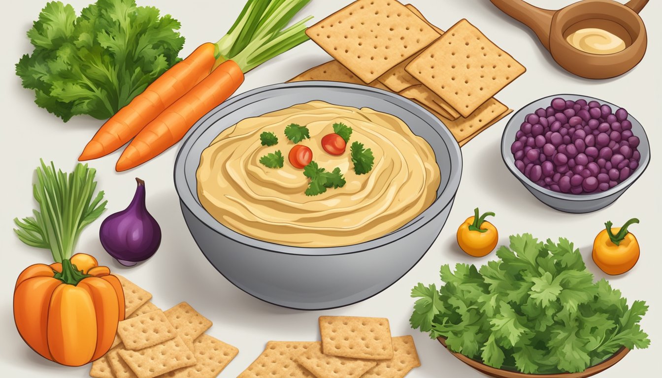 A bowl of hummus surrounded by fresh vegetables and whole grain crackers