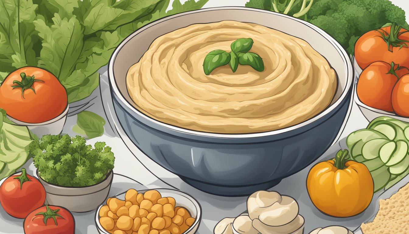 A bowl of homemade hummus surrounded by fresh vegetables and a nutrition label