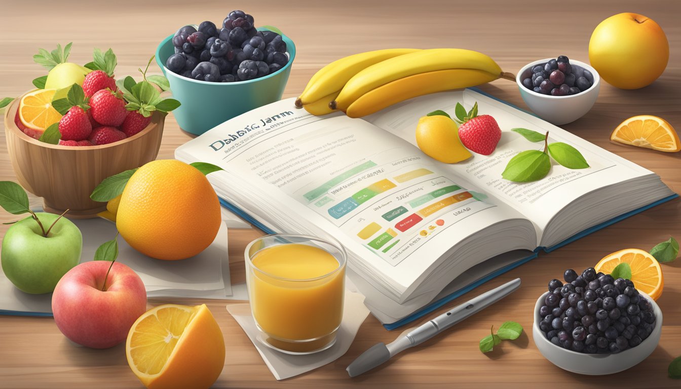 A variety of fresh fruits and sugar substitute displayed next to a recipe book titled "Diabetic Jam Recipe"