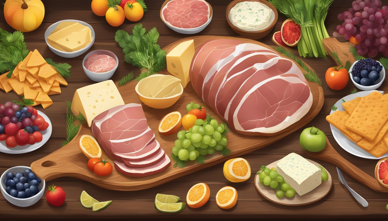 A rustic wooden table set with a glazed ham, surrounded by a variety of colorful fruits and vegetables, alongside a selection of cheeses and crackers