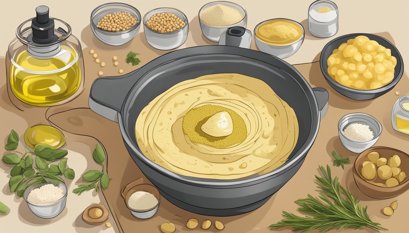 A table with ingredients: chickpeas, olive oil, garlic, lemon, and spices. A bowl of hummus being prepared with a food processor