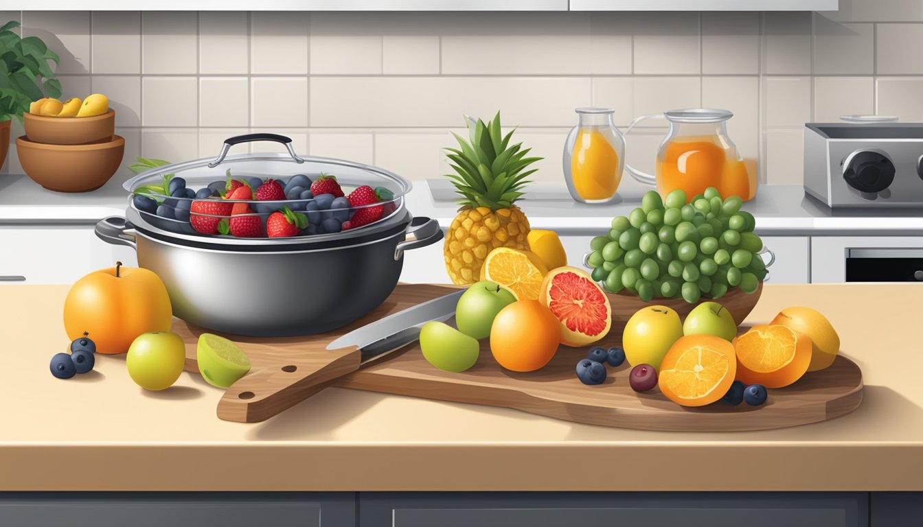 A kitchen counter with assorted fruits, a cutting board, knife, and a pot with simmering fruit mixture