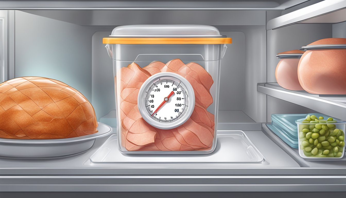 A diabetic-friendly ham dish being stored in an airtight container in the refrigerator, with a thermometer to ensure proper temperature