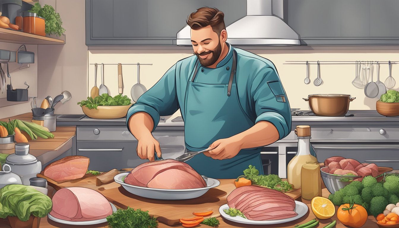 A chef adjusts ingredients while cooking a ham dish, with a focus on low-sugar and low-carb options for diabetic individuals