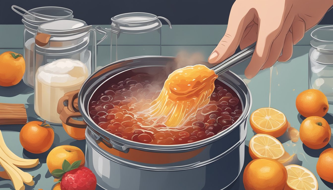 A hand stirring a pot of boiling fruit, sugar, and pectin to create the perfect jam texture