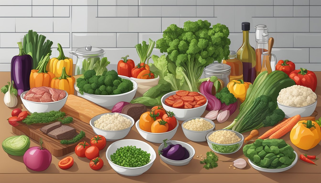 A kitchen counter with a variety of fresh vegetables, lean meats, and diabetic-friendly ingredients laid out for a recipe