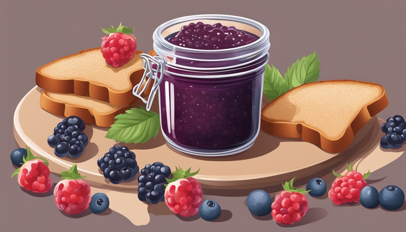 A jar of sugar-free jam surrounded by fresh berries and whole grain toast