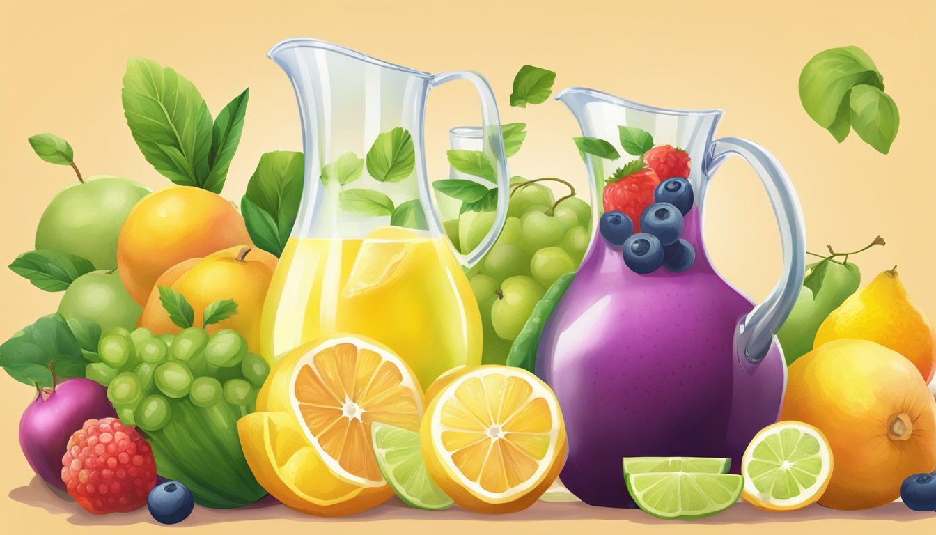 A pitcher of freshly squeezed lemonade surrounded by a variety of colorful fruits and vegetables