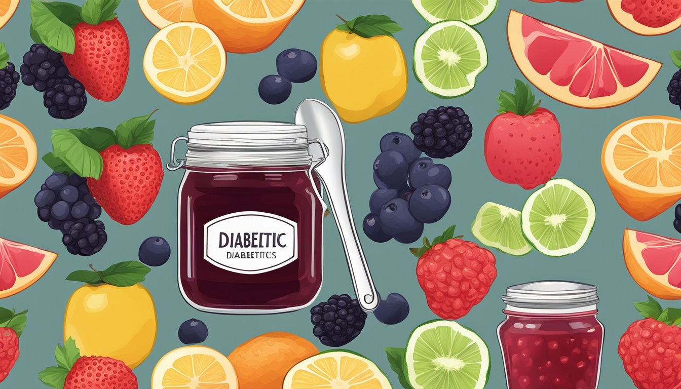 A jar of homemade diabetic jam surrounded by fresh fruit and a measuring spoon