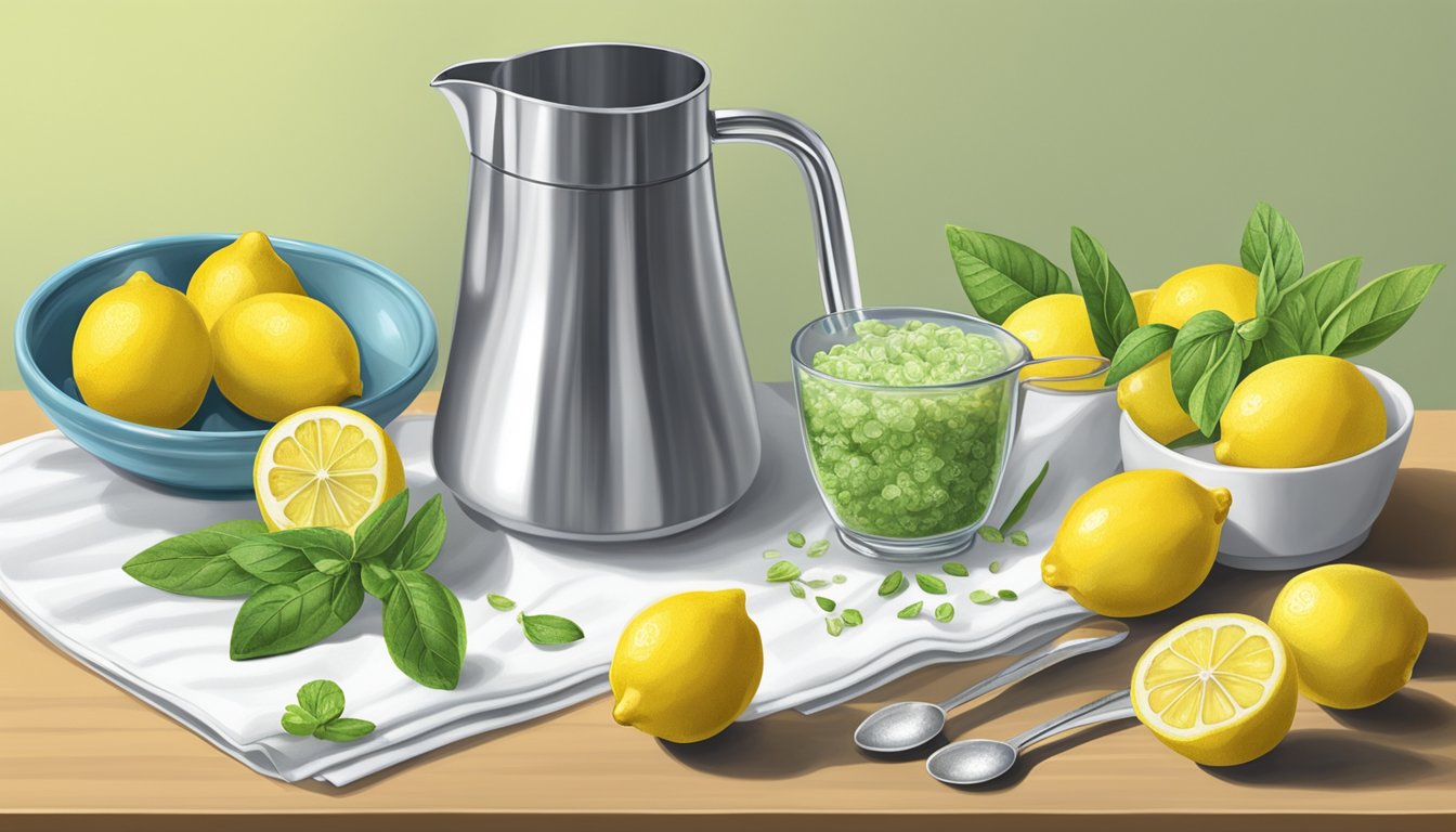 A kitchen counter with fresh lemons, a pitcher, stevia, and measuring spoons