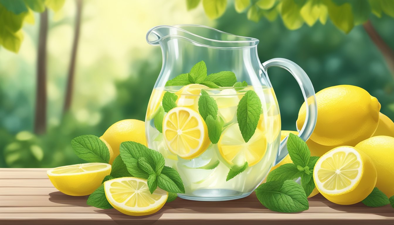 A pitcher of sugar-free lemonade surrounded by fresh lemons and mint leaves on a sunny outdoor table